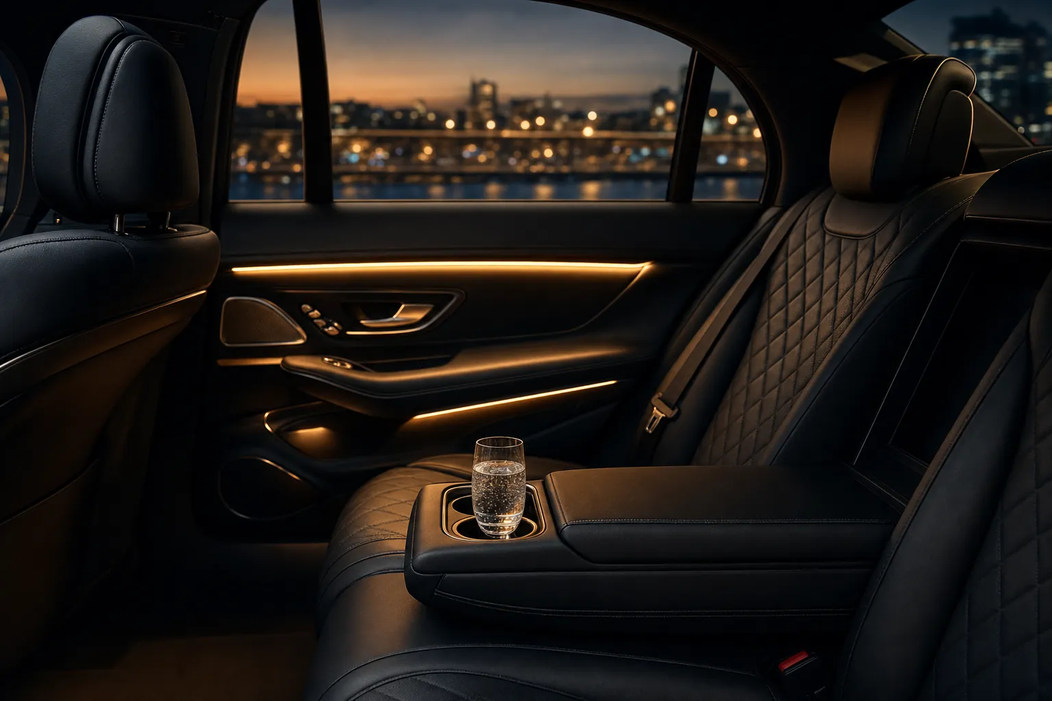 Rear cabin of a chauffeur car with quilted leather seats and warm ambient lighting