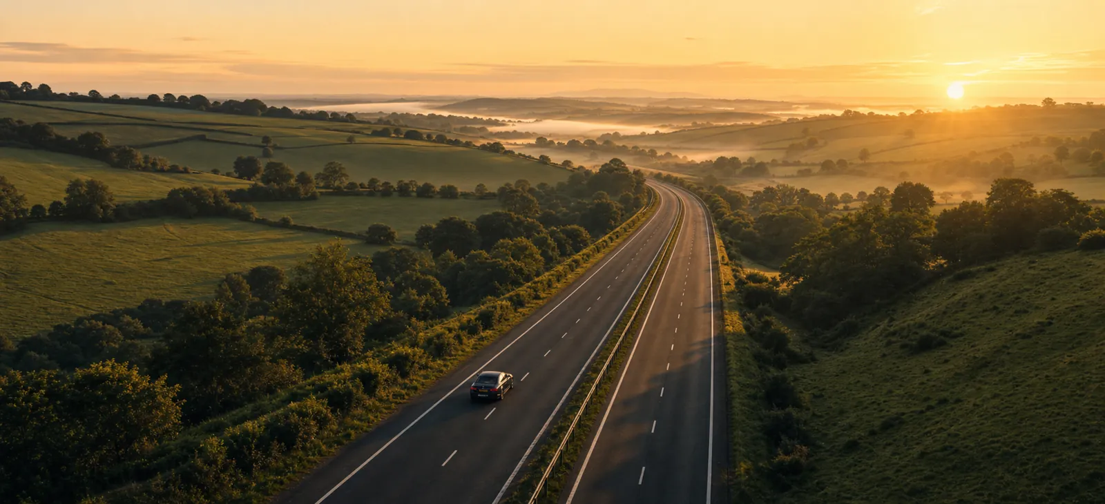 A single car on an empty dual carriageway through misty countryside at dawn