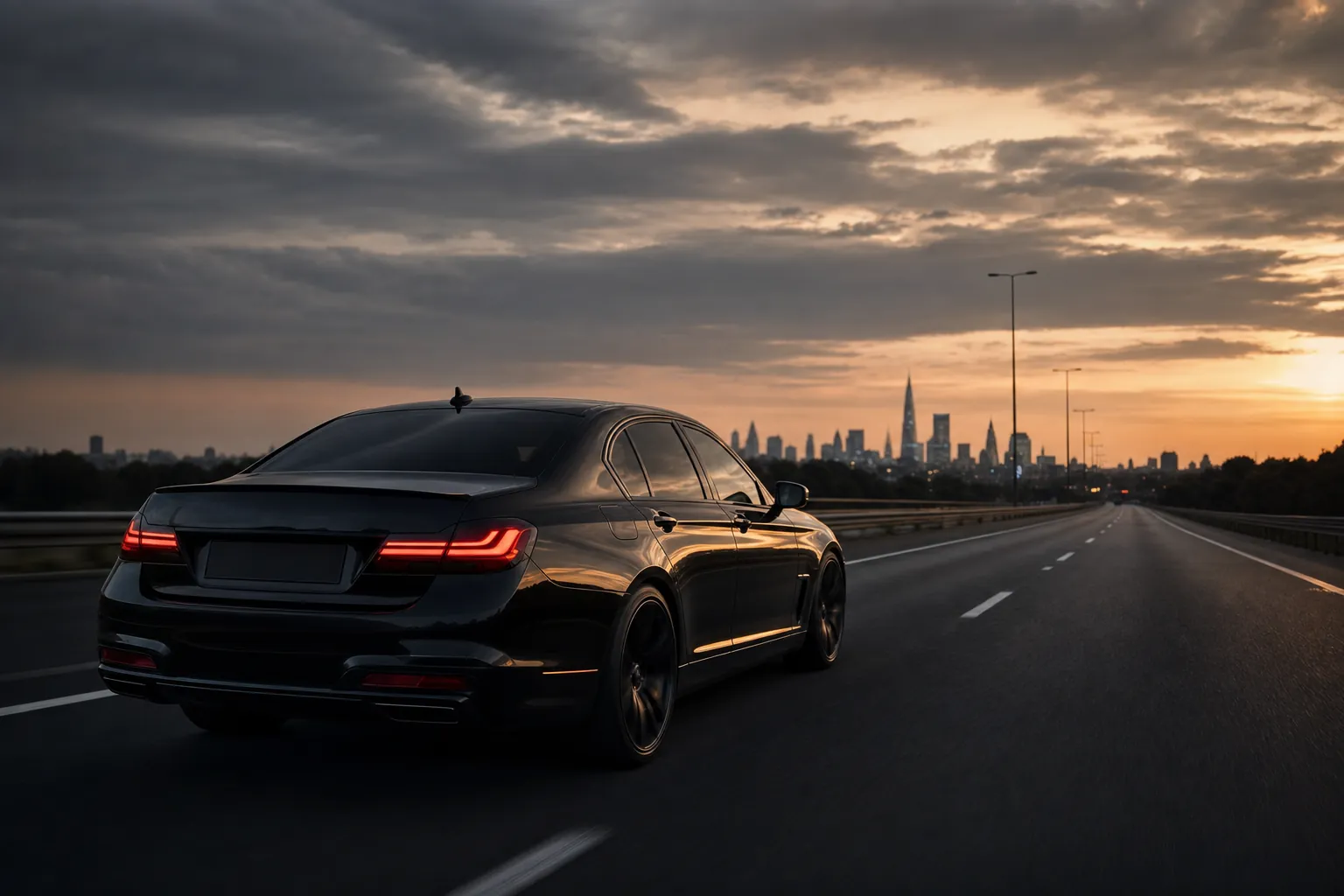 A black executive saloon on an empty motorway at dusk, city skyline on the horizon
