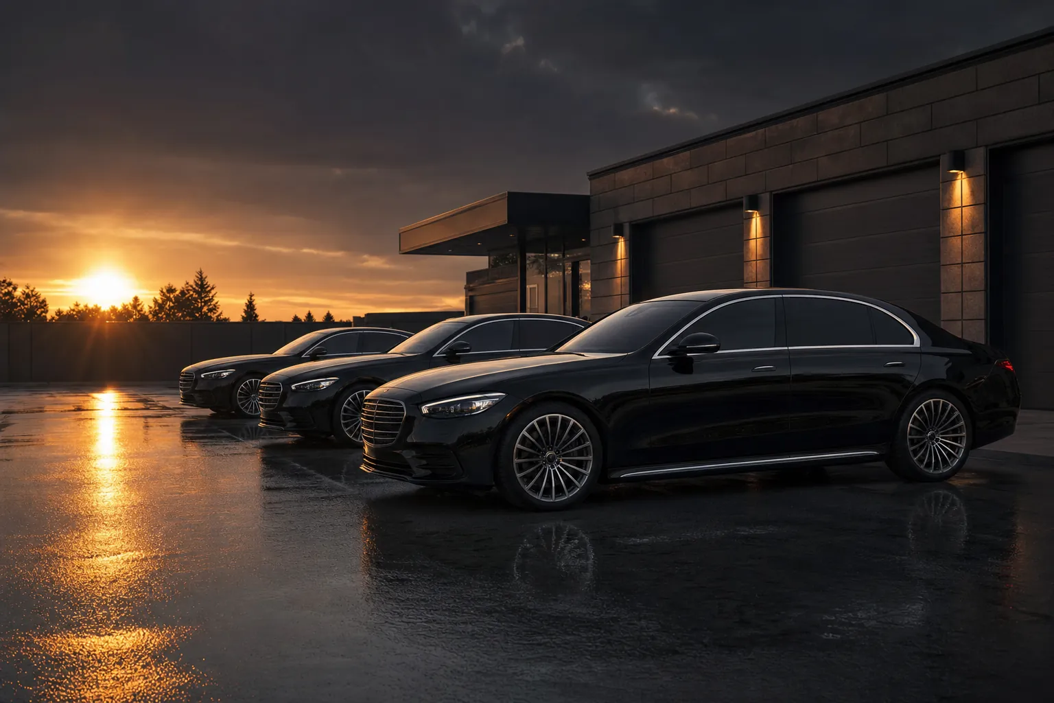 Three black executive cars lined up at a depot forecourt at dawn