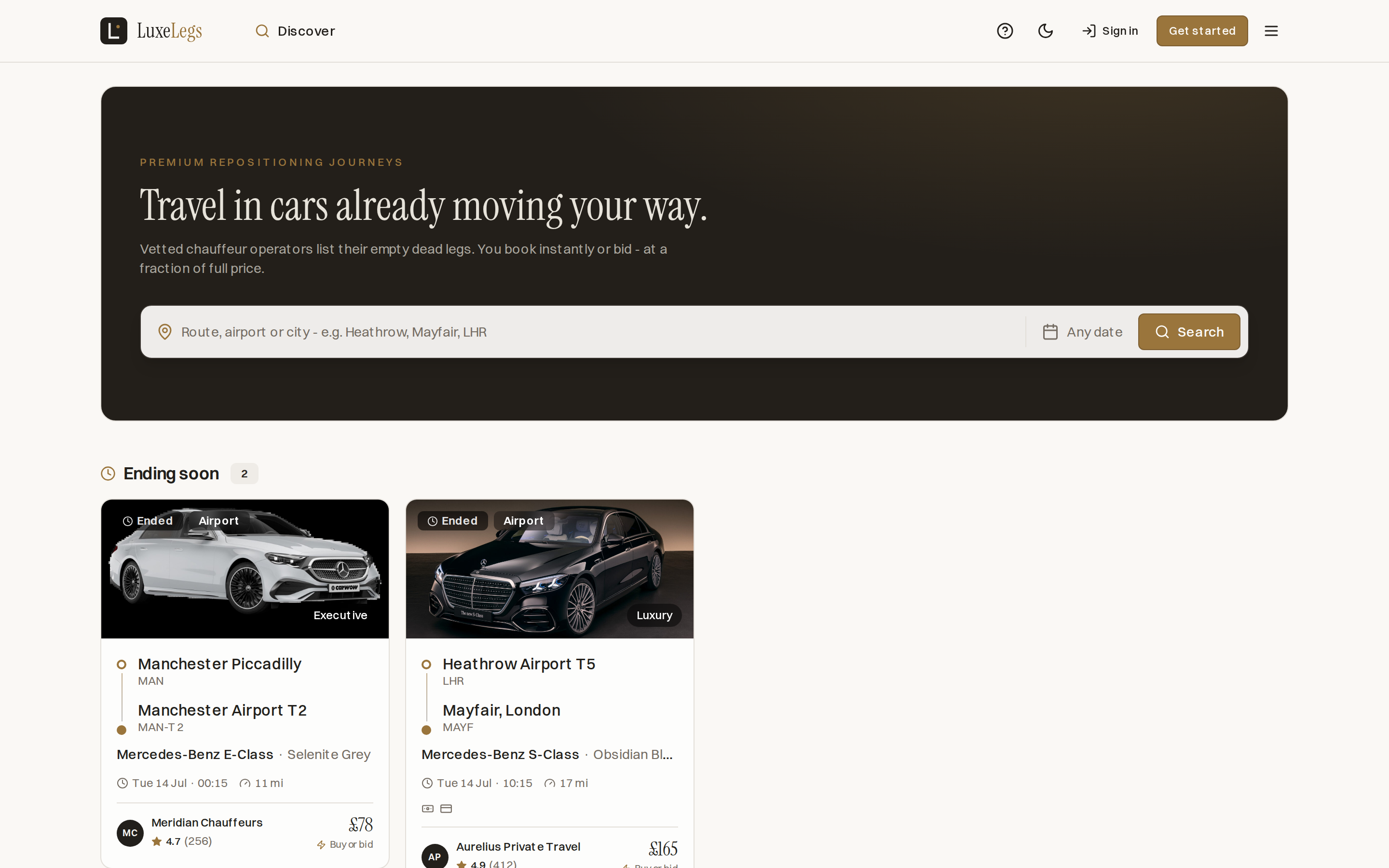The LuxeLegs marketplace home, showing journey cards such as Heathrow to Mayfair in a Mercedes S-Class at 165 pounds, each with the operator name and rating.