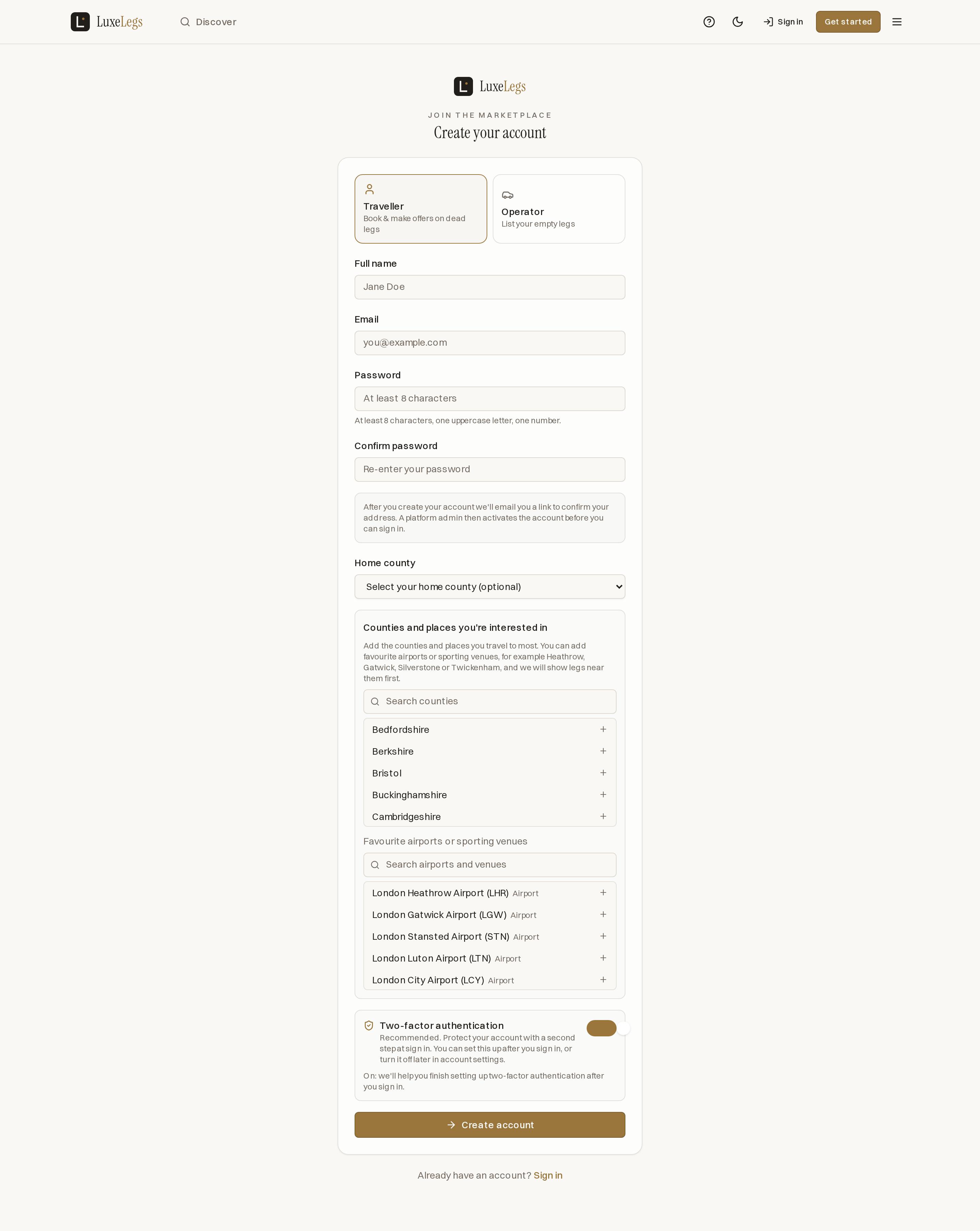 The sign up screen with Traveller and Operator role cards and a two factor authentication toggle that is switched on by default.