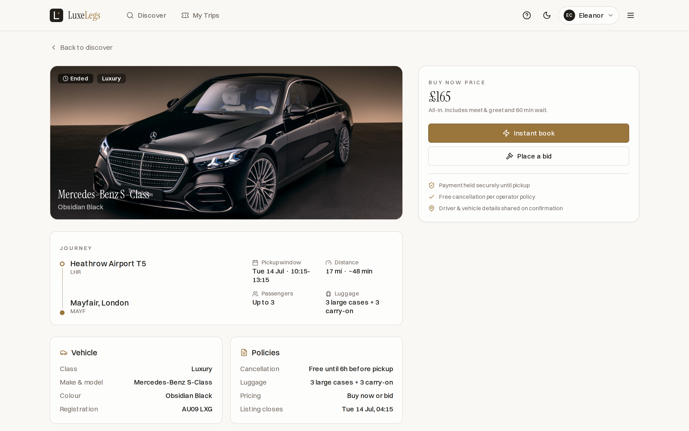 A journey detail page showing a Buy now price of 165 pounds with Instant book and Place a bid buttons, plus the journey, vehicle and policy sections.