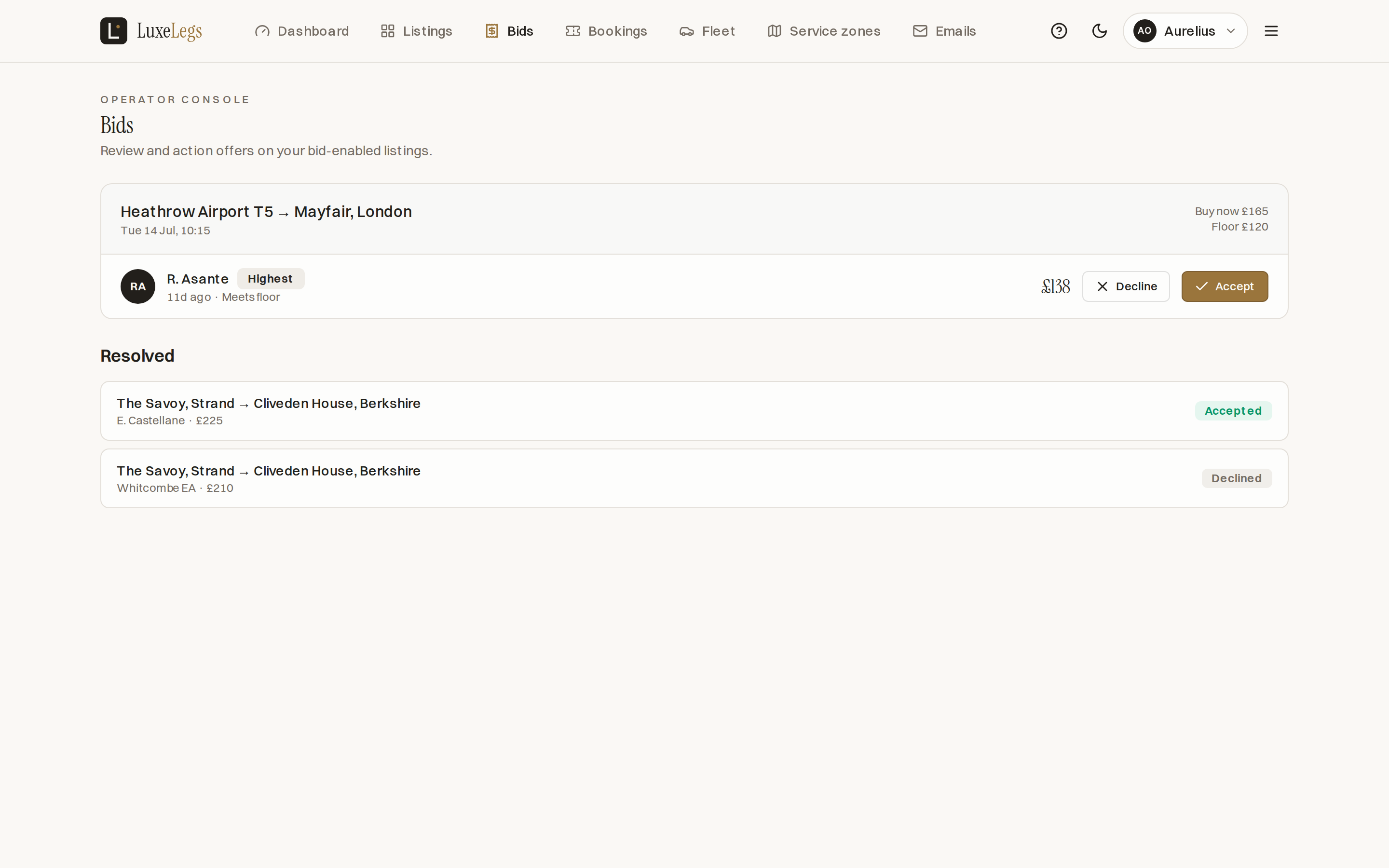 The Bids screen listing an offer of 138 pounds from R. Asante tagged Highest and Meets reserve, with Decline and Accept buttons, plus resolved bids marked Accepted and Declined.