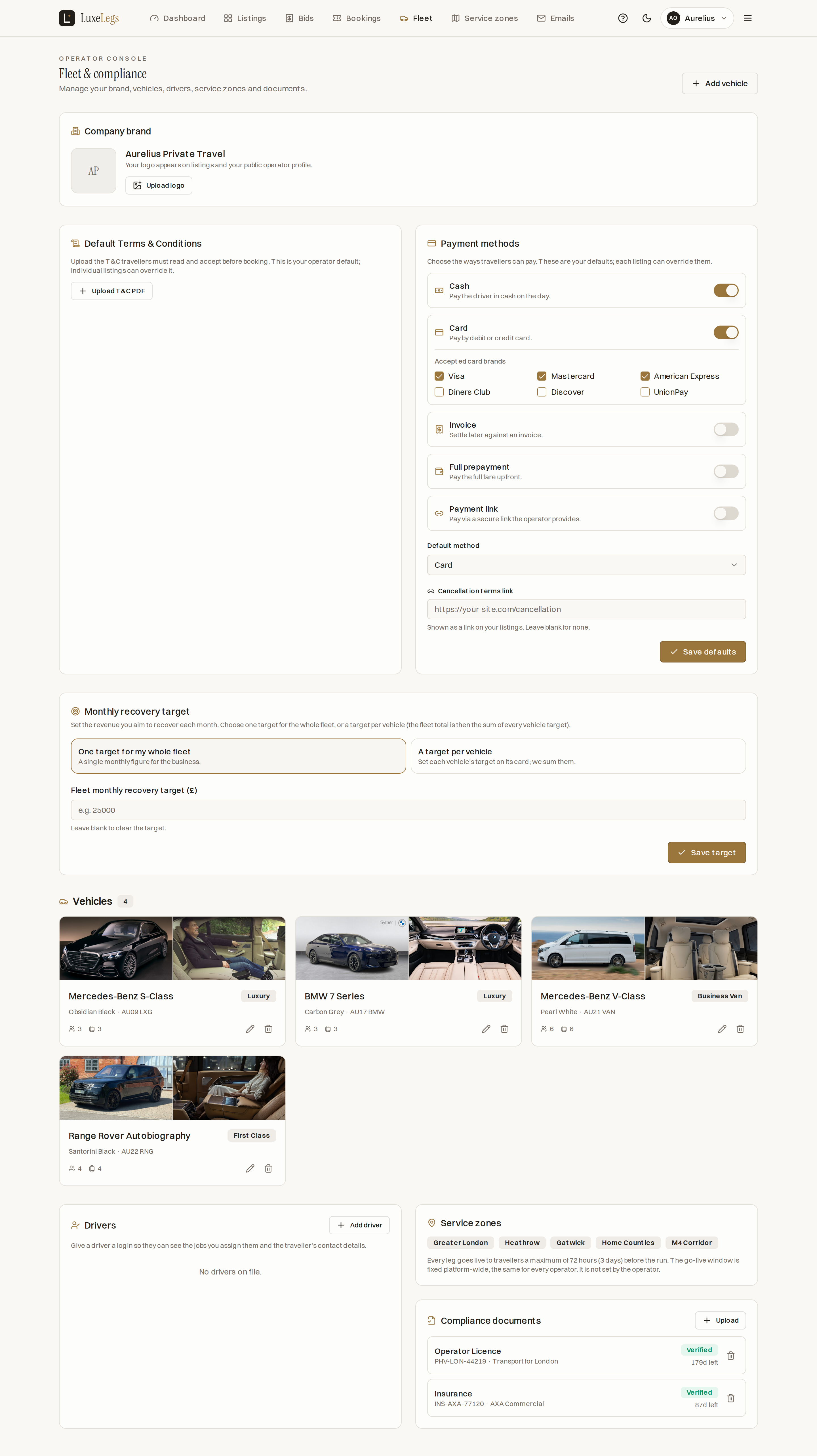The Fleet screen showing vehicles, driver records with an active driver login, service coverage and compliance documents with verified and expired states.