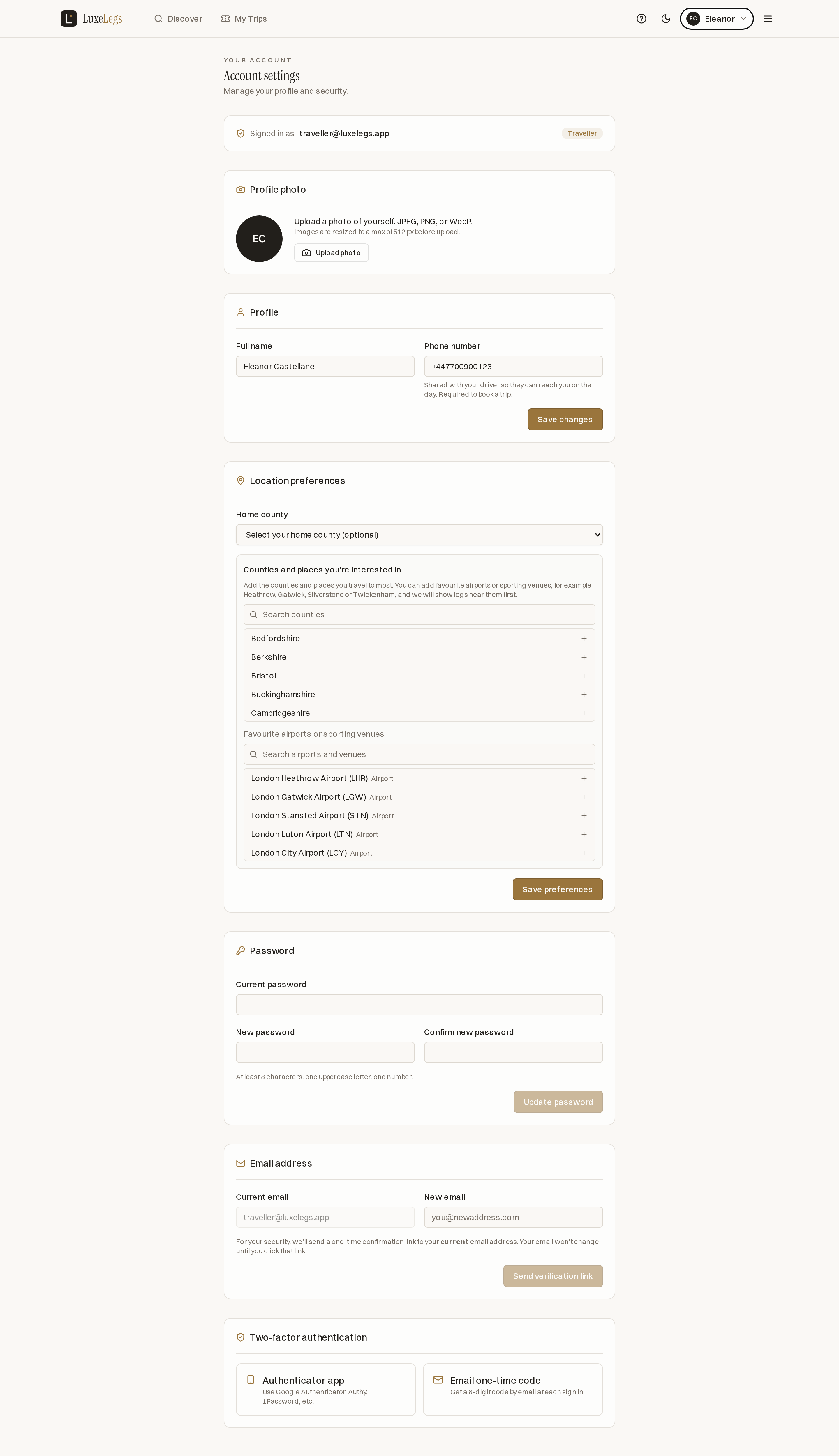 The account settings page with profile photo, profile, password and email sections, and a two factor authentication section offering an Authenticator app and an Email one time code.