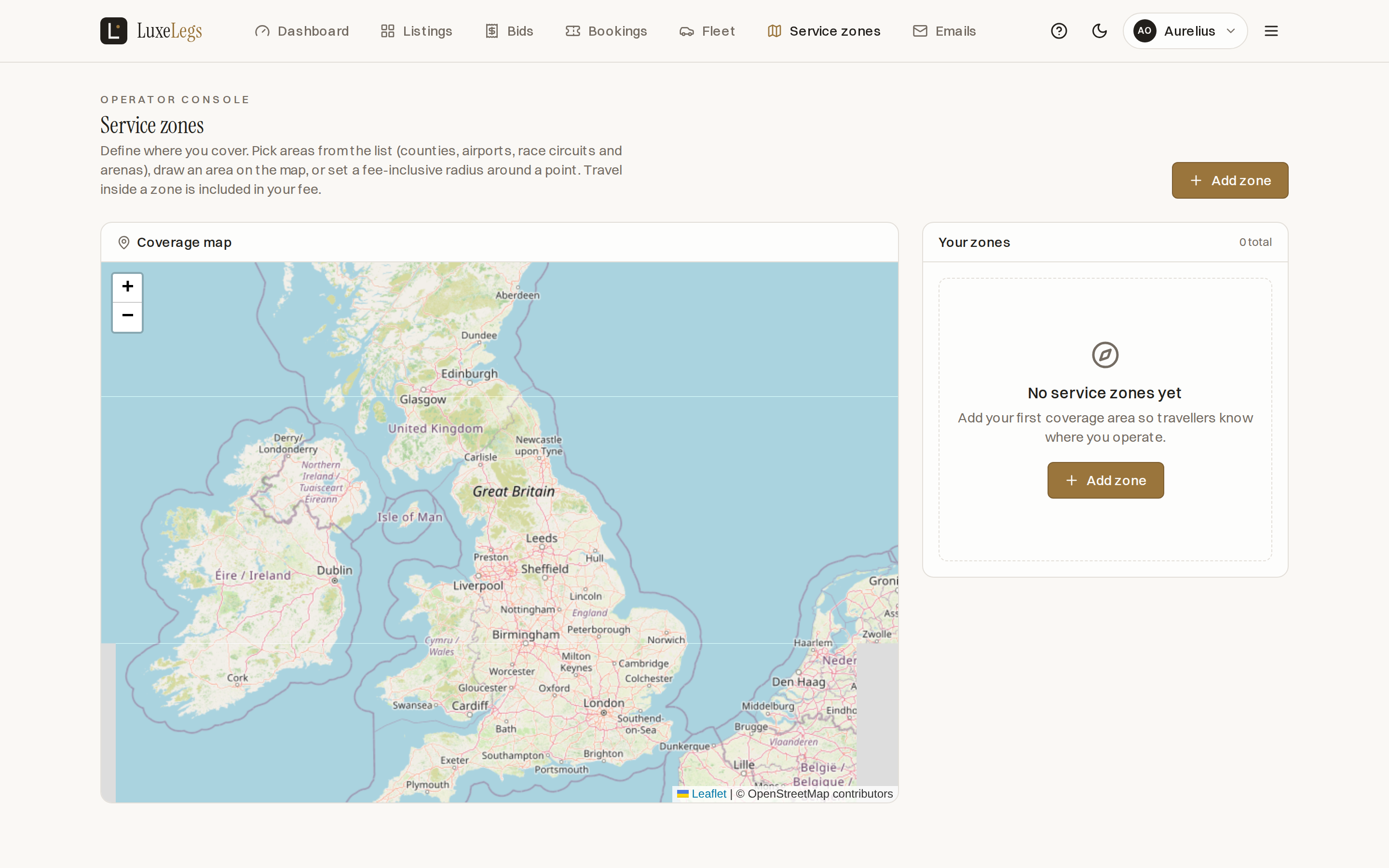The Service zones screen with a coverage map of the United Kingdom on the left and a Your zones panel on the right showing three zones: Silverstone Circuit tagged Race circuit, Greater London tagged County, and London Heathrow Airport tagged Airport.