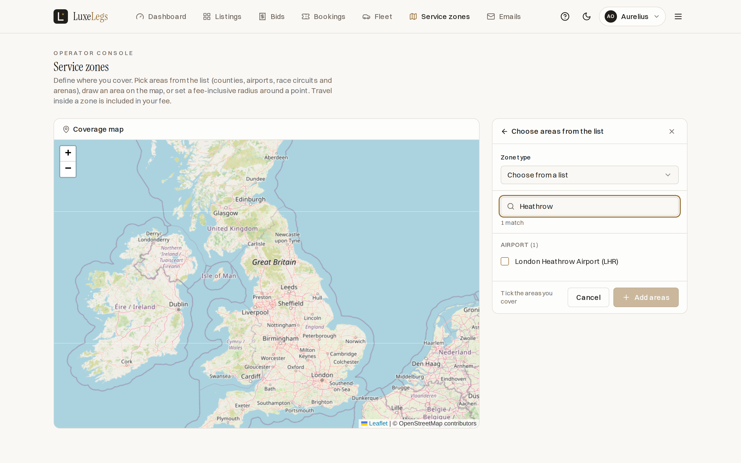 The Choose areas from the list panel with the search box showing a query, a count reading matches and areas selected, and results grouped by type such as Race circuit, with Silverstone Circuit ticked and marked Added.
