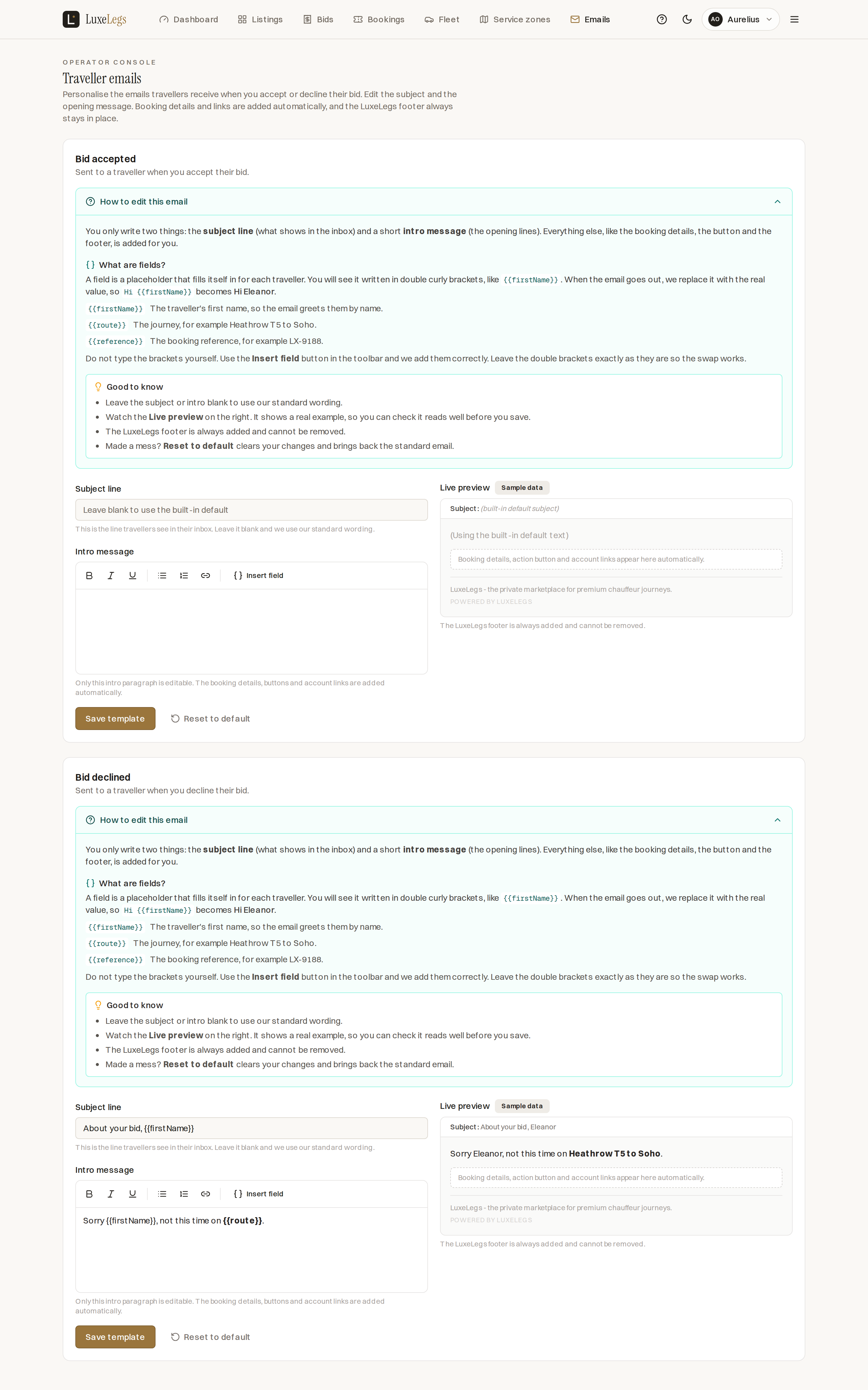 The Traveller emails screen showing the Bid accepted template with a How to edit this email help panel that explains fields such as firstName, route and reference in double brackets, plus a subject line box and a live preview.