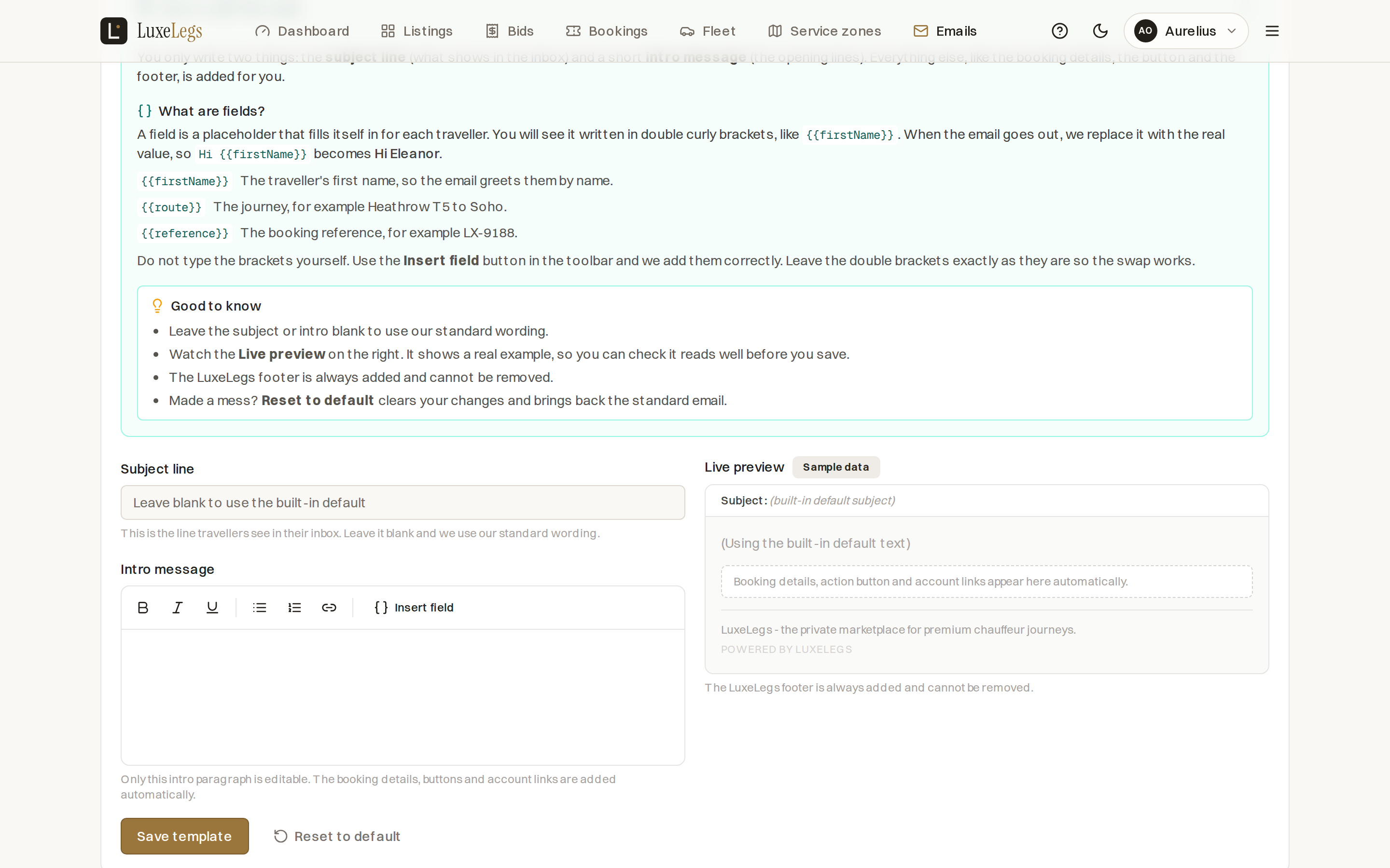 The intro message editor with a formatting toolbar and an Insert field button, a live preview showing the automatic booking details block and the fixed LuxeLegs footer, and Save template and Reset to default buttons.